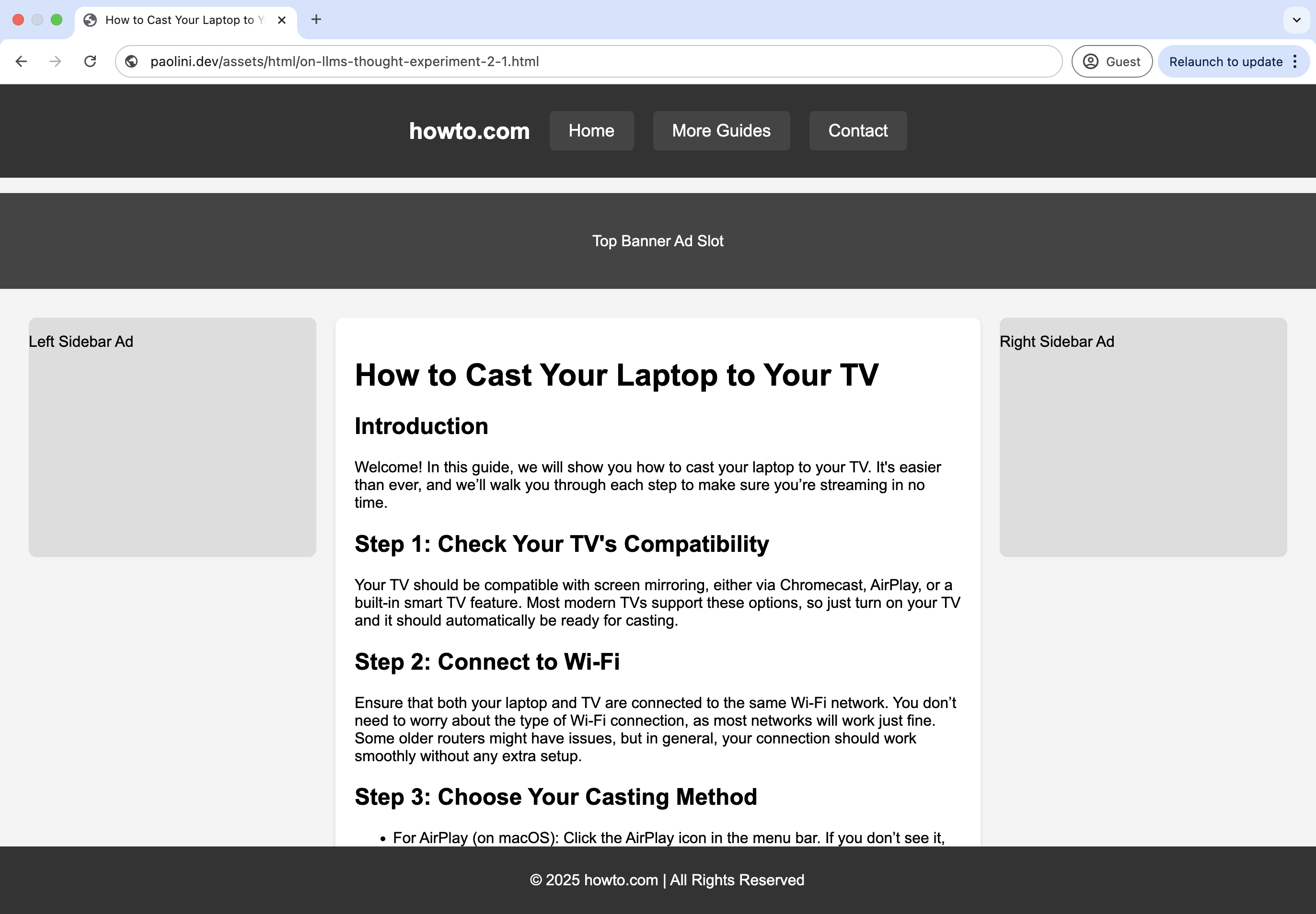 Picture of my AI-generated website "howto.com" with a guide on casting laptops to TVs